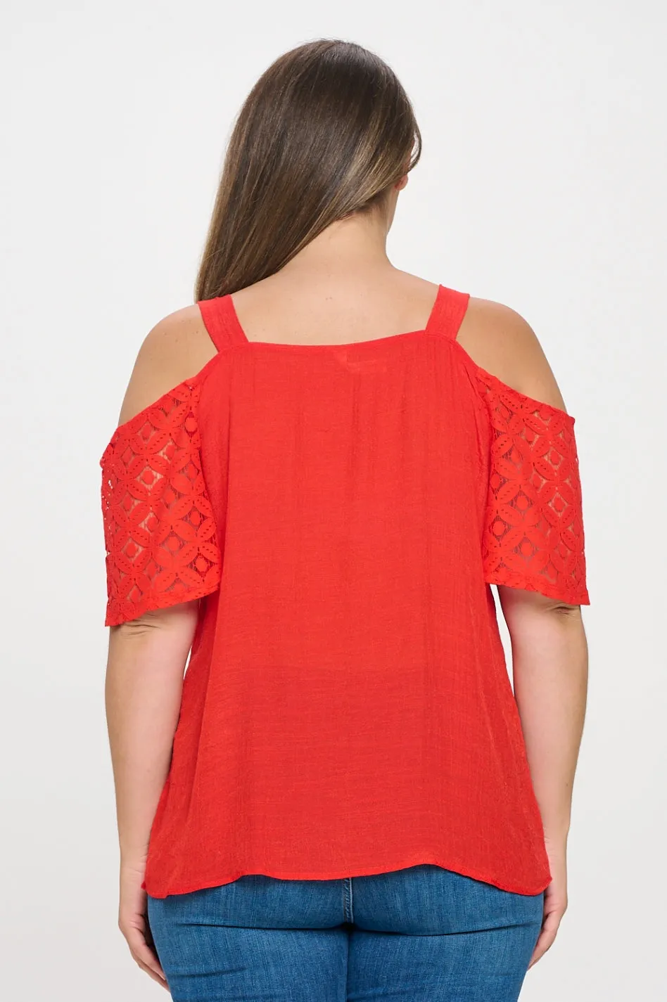 PLUS  TIE FRONT LACE COLD SHOULDER BLOUSE