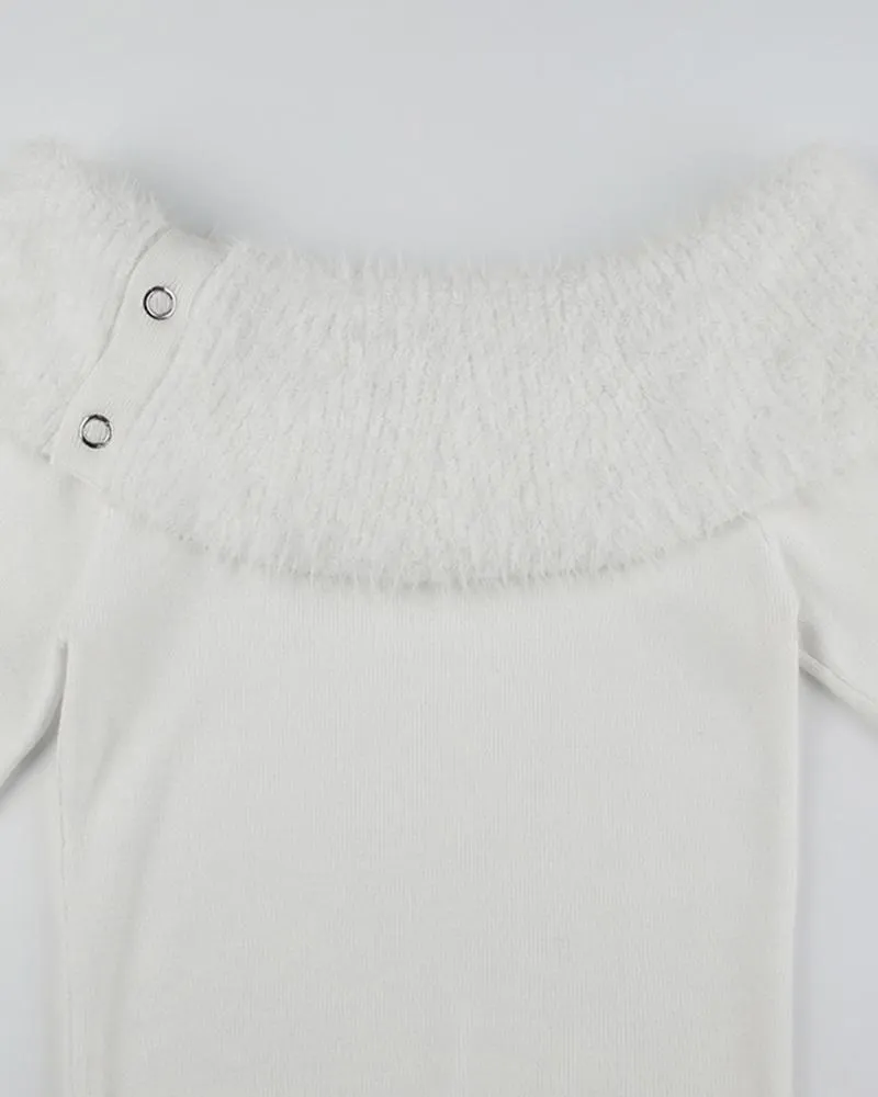 Plush Patchwork Off Shoulder Knit Top
