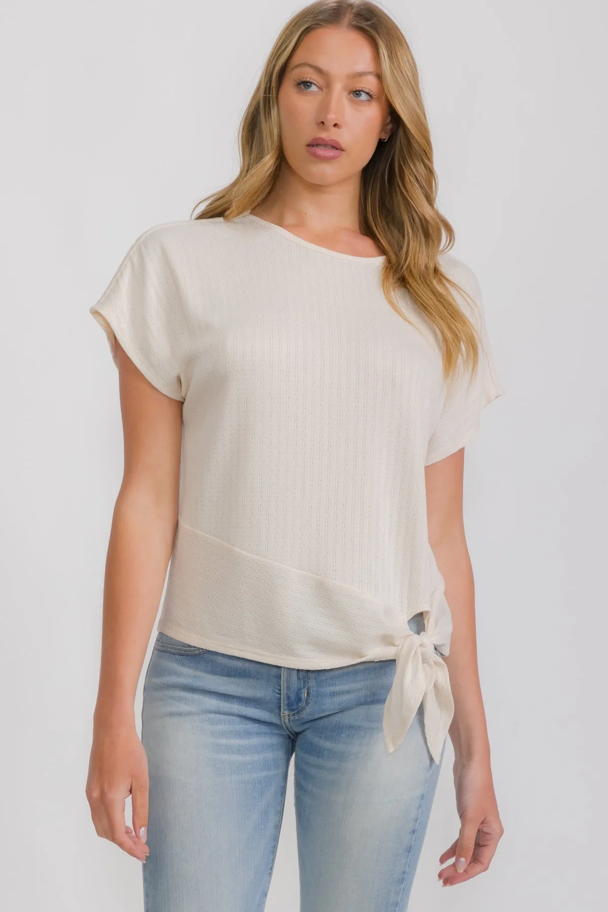 POINTELLE SCOOP NECK DOLMAN TIE FRONT