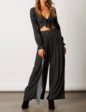 Print Long Sleeve V Neck Ruffle Tie Front Crop Top