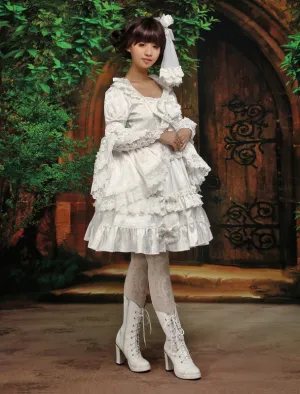 Pure White Lolita One-piece Dress Long Hime Sleeves Lace Trim Bows