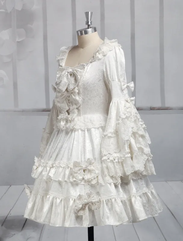 Pure White Lolita One-piece Dress Long Hime Sleeves Lace Trim Bows