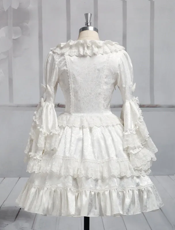 Pure White Lolita One-piece Dress Long Hime Sleeves Lace Trim Bows