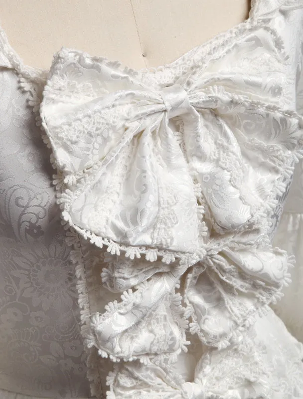 Pure White Lolita One-piece Dress Long Hime Sleeves Lace Trim Bows
