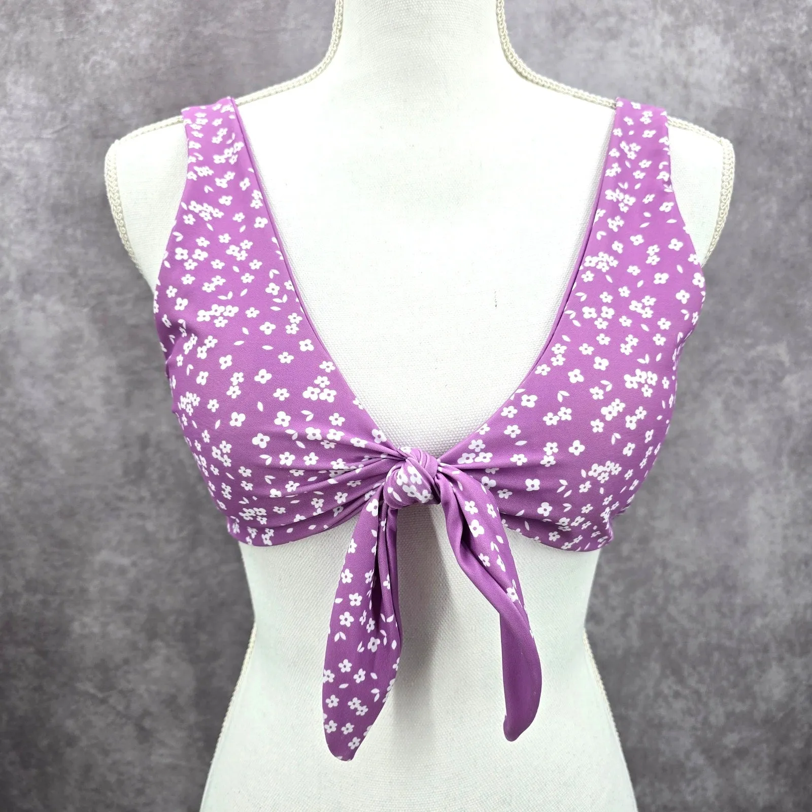 Purple White Floral Tie Front Padded Bikini Top Swimwear Medium