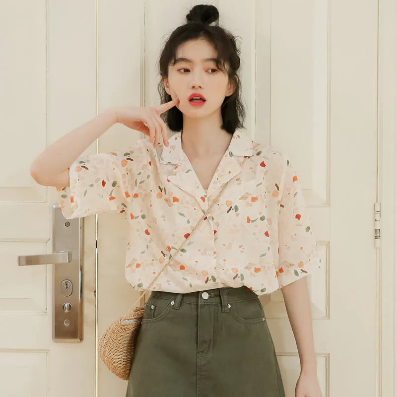 "RETRO SUIT COLLAR CHIFFON PRINT" SHORT-SLEEVED SHIRT K071704