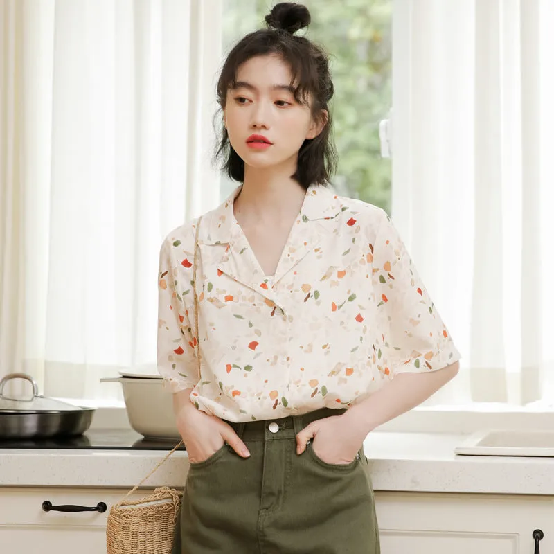 "RETRO SUIT COLLAR CHIFFON PRINT" SHORT-SLEEVED SHIRT K071704