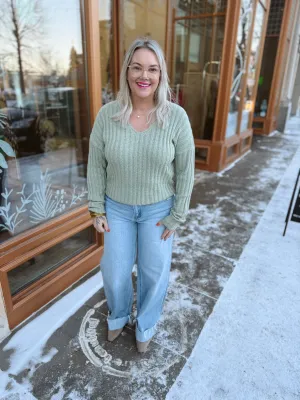 Raised Rib V Neck Sweater-Sage
