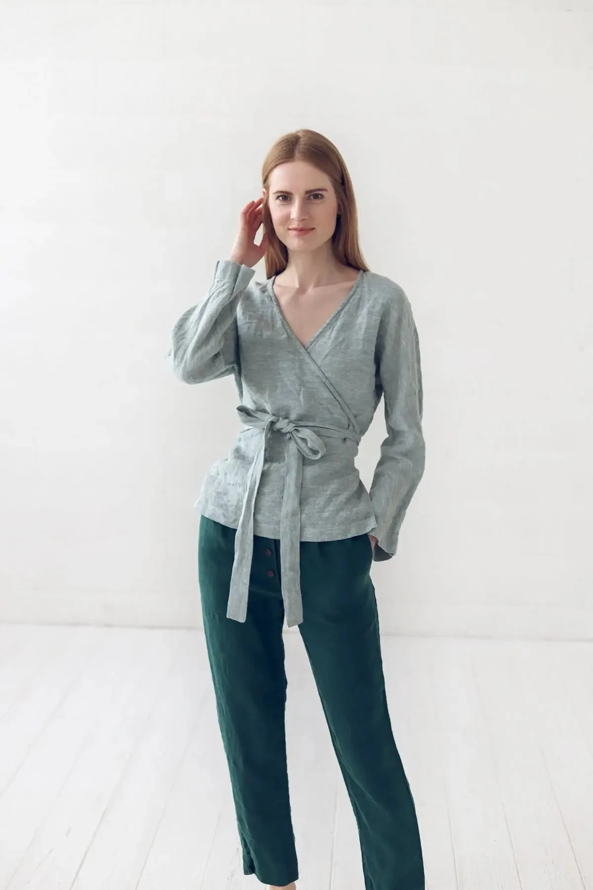 READY TO SHIP Linen Wrap Top With Long Sleeves