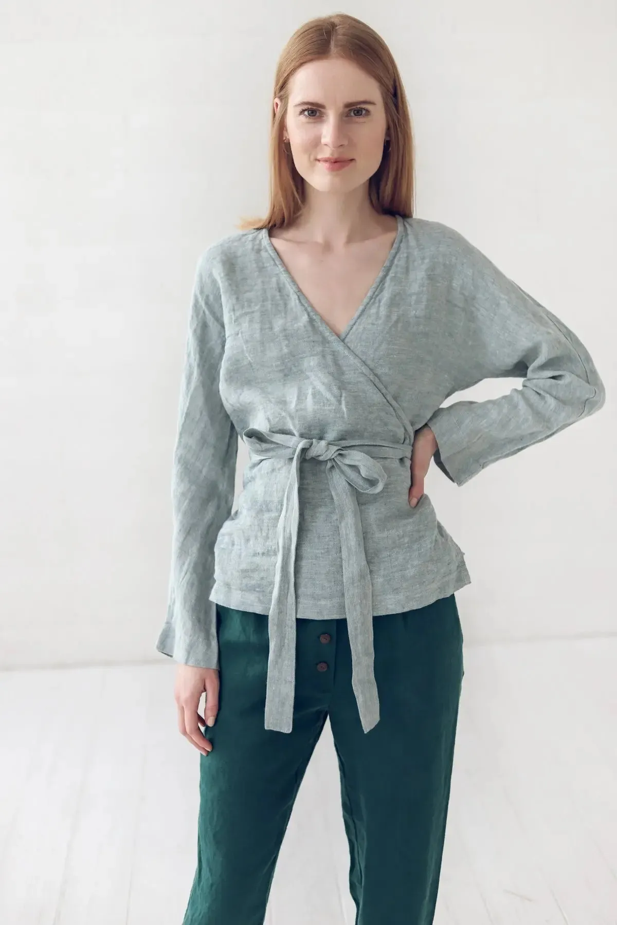 READY TO SHIP Linen Wrap Top With Long Sleeves