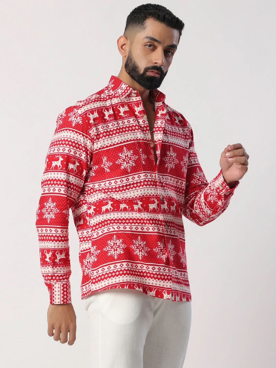 Red Christmas Reindeer  Full Sleeves Flannel Printed Shirt