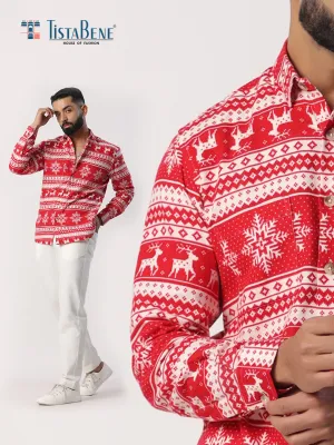 Red Christmas Reindeer  Full Sleeves Flannel Printed Shirt