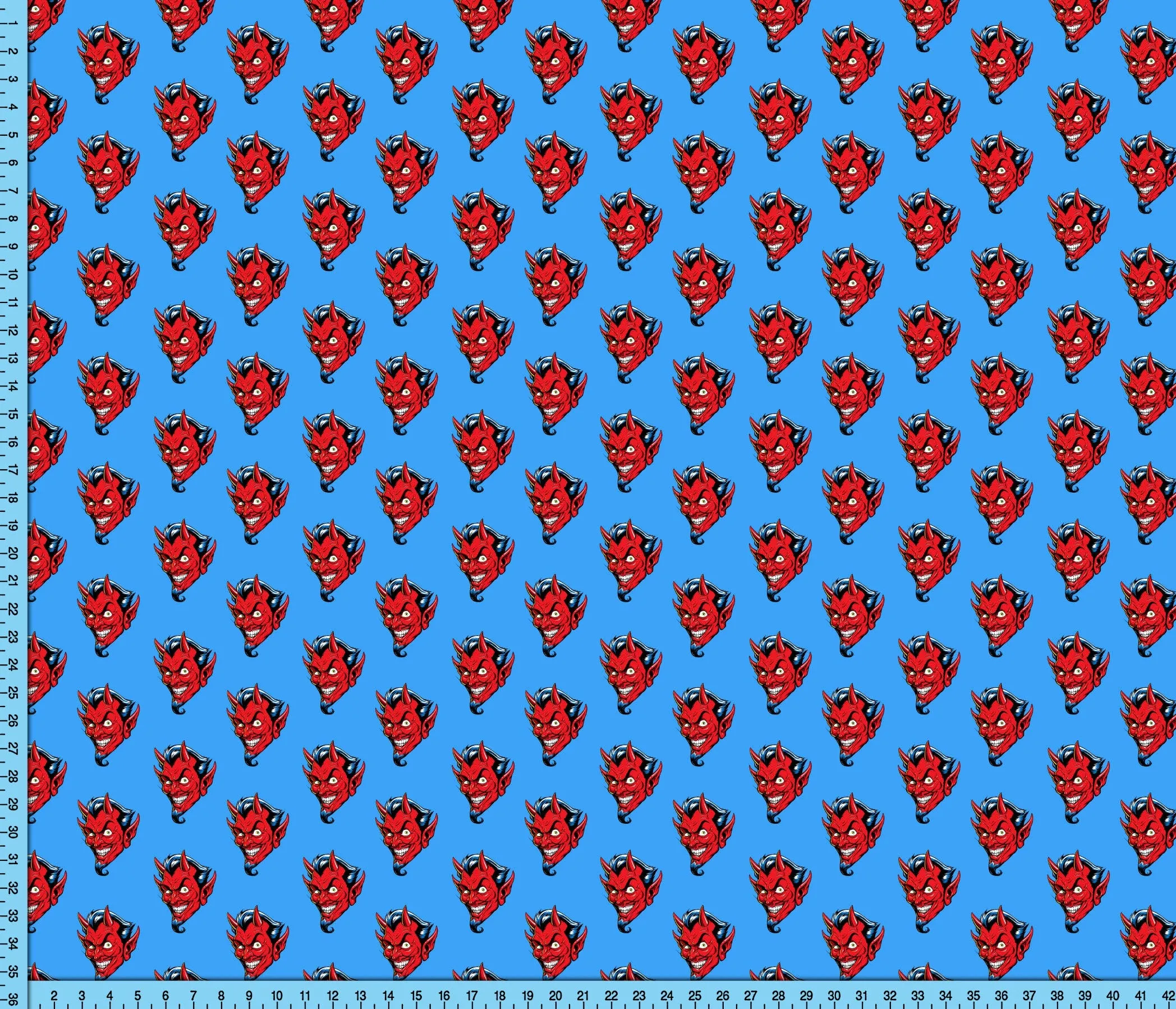 Red Devil on Blue Fabric Pattern, Novelty Design Printed By the Yard for Crafts, Shirts, Masks