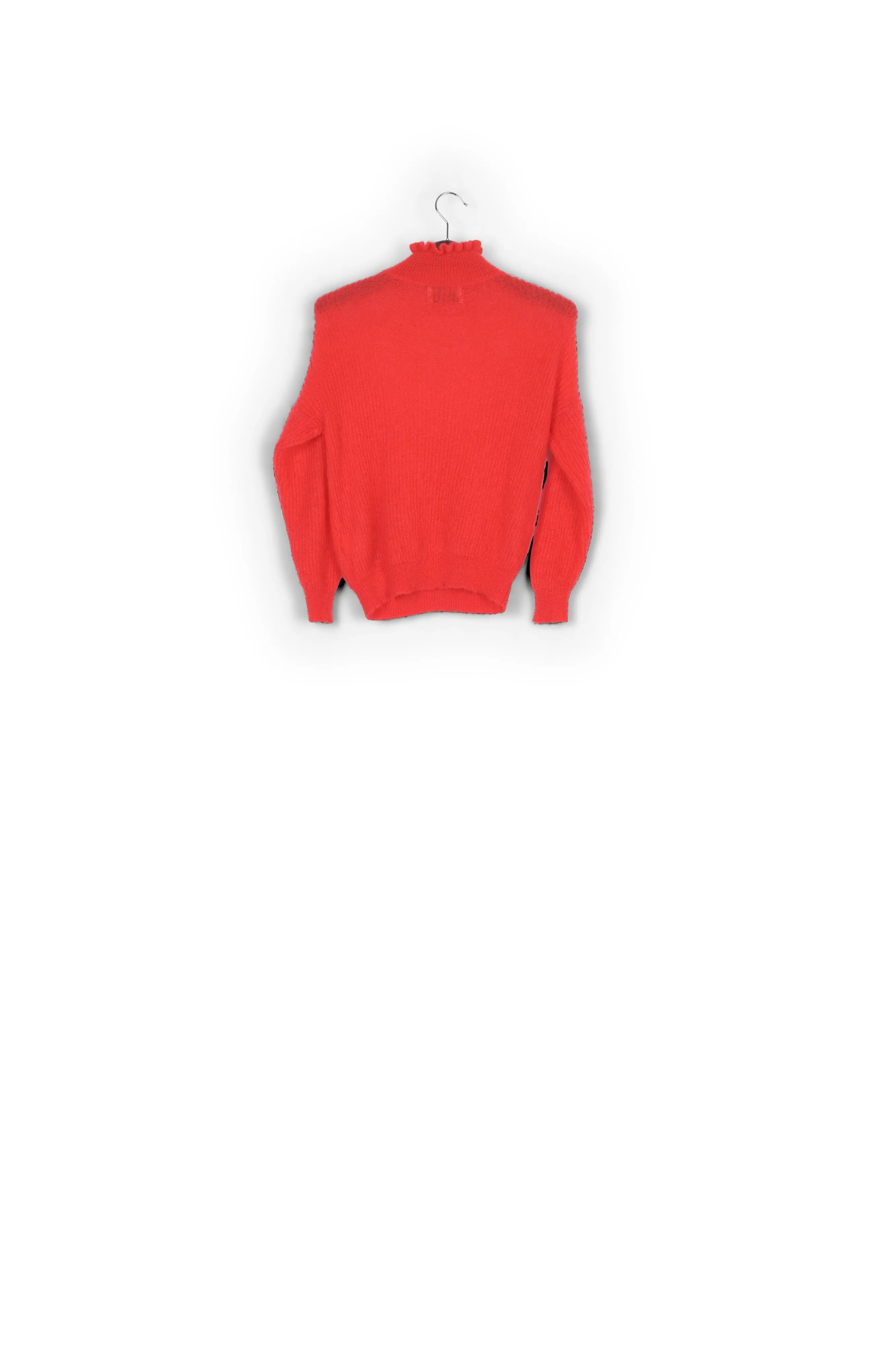 Red knit with high ruffled collar