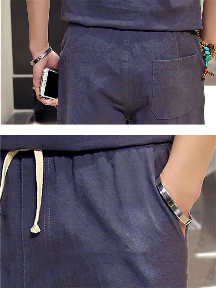 Regular Fit Linen Two-Piece Button Fastening T-Shirt   Drawstring Straight-Leg Shorts
