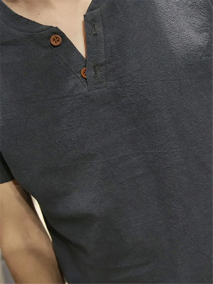 Regular Fit Linen Two-Piece Button Fastening T-Shirt   Drawstring Straight-Leg Shorts