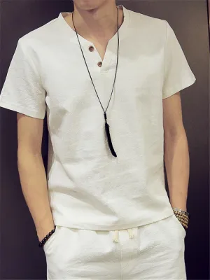 Regular Fit Linen Two-Piece Button Fastening T-Shirt   Drawstring Straight-Leg Shorts