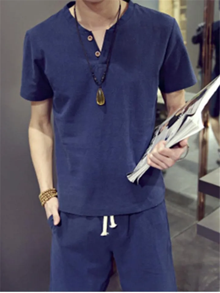 Regular Fit Linen Two-Piece Button Fastening T-Shirt   Drawstring Straight-Leg Shorts