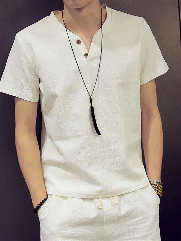 Regular Fit Linen Two-Piece Button Fastening T-Shirt   Drawstring Straight-Leg Shorts