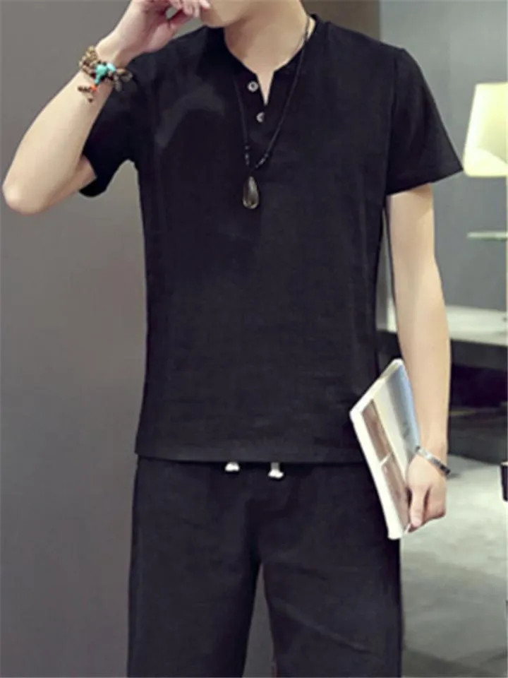 Regular Fit Linen Two-Piece Button Fastening T-Shirt   Drawstring Straight-Leg Shorts