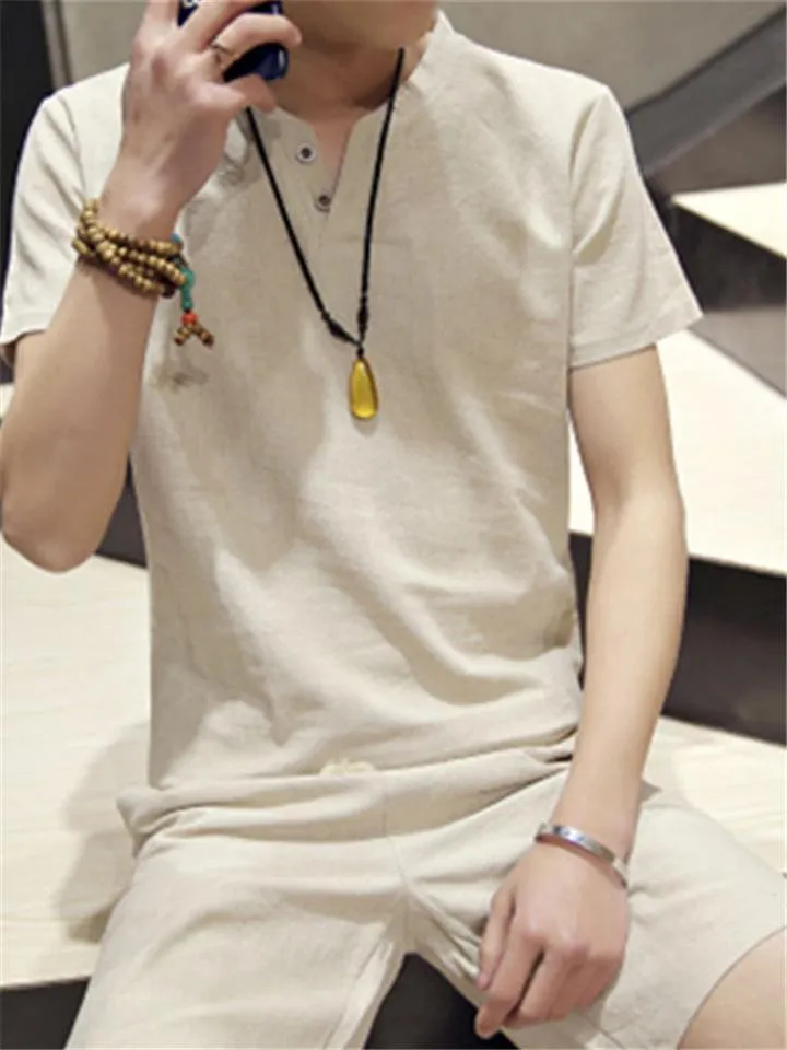 Regular Fit Linen Two-Piece Button Fastening T-Shirt   Drawstring Straight-Leg Shorts