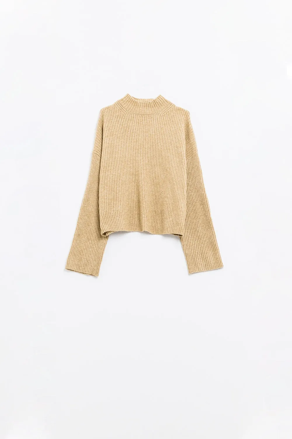 relaxed beige ribbed high neck sweater
