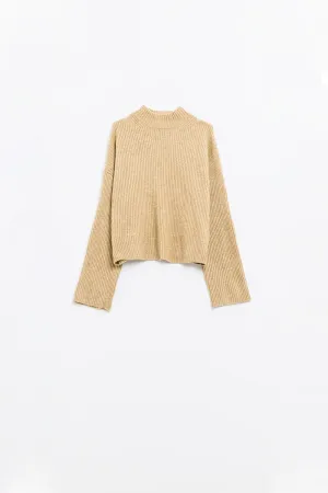 relaxed beige ribbed high neck sweater