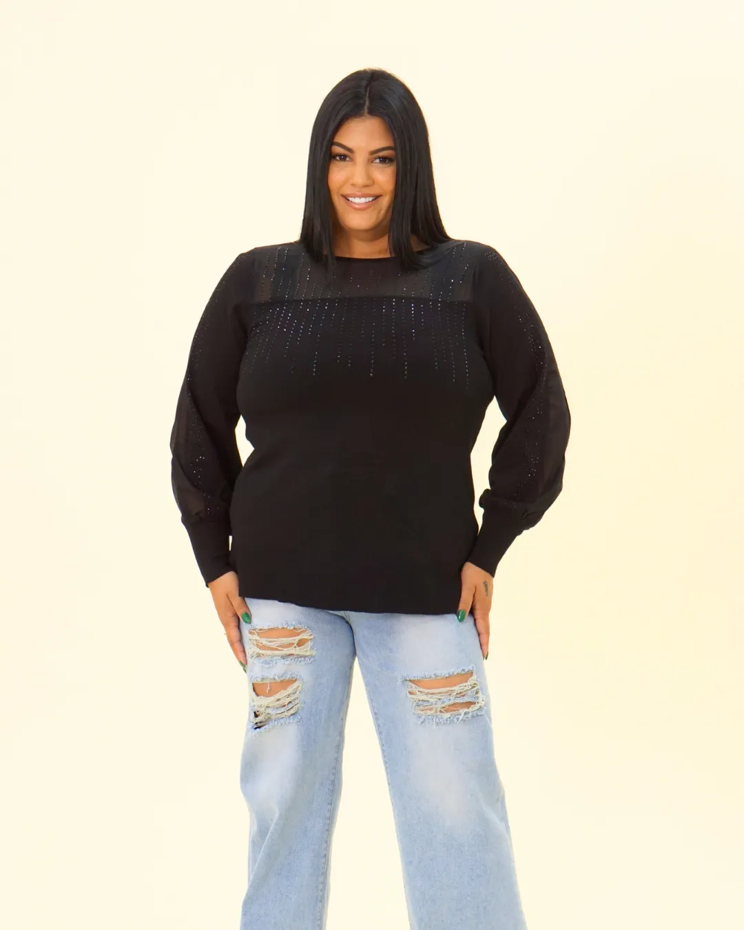 RHINESTONES SLEEVE SWEATER