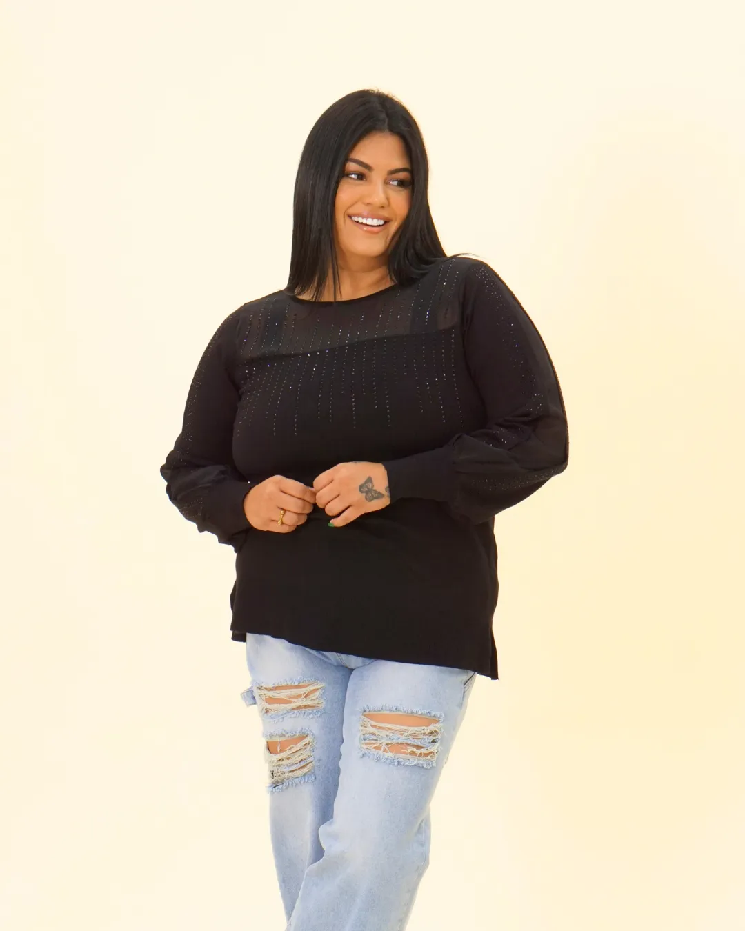 RHINESTONES SLEEVE SWEATER