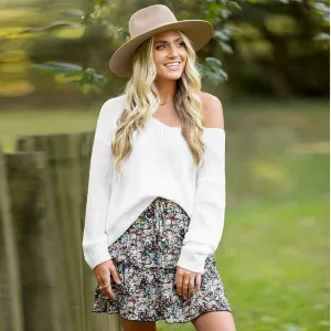 Rib V-Neck Lace-up Back Sweater