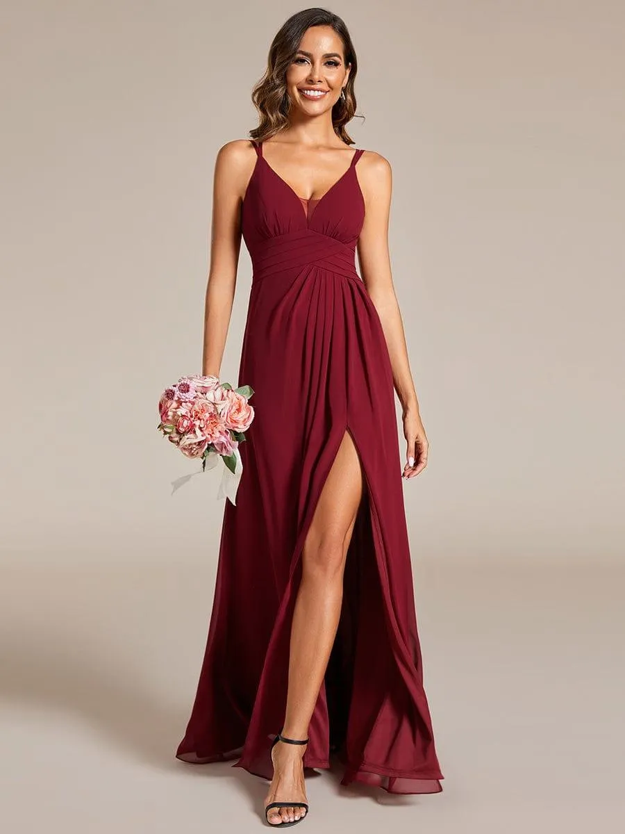 Robe de demoiselle d'honneur en mousseline à col en V avec fente haute