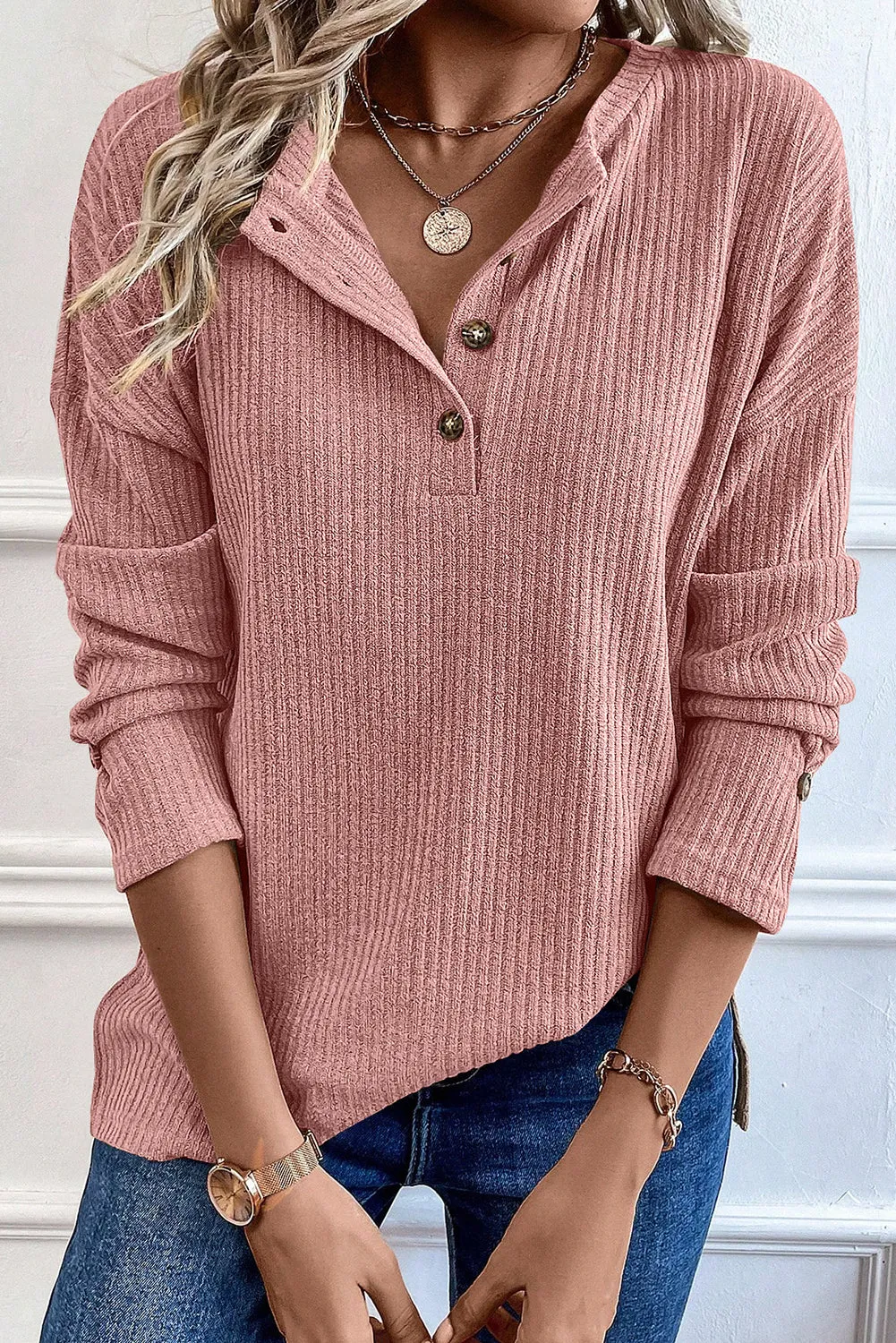 Rose Tan Half Button Drop Shoulder Waffle Knit Tee