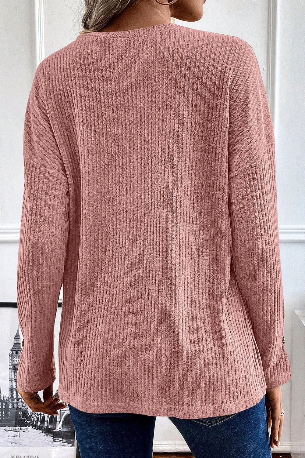 Rose Tan Half Button Drop Shoulder Waffle Knit Tee