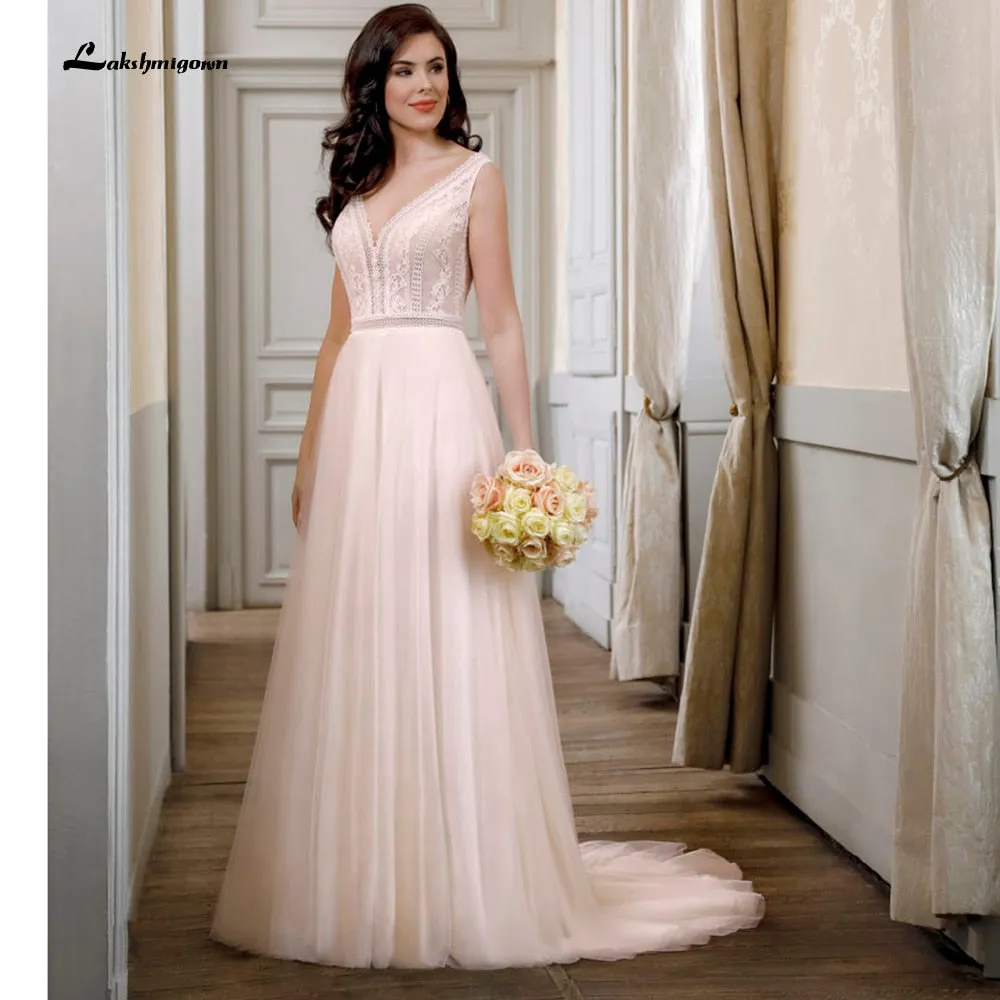 Roycebridal Vestidos De Noiva V Neck Lace Backless Boho A Line Blush Pink Wedding Dress Bridal V Shape Back Elegant vestido para boda playa