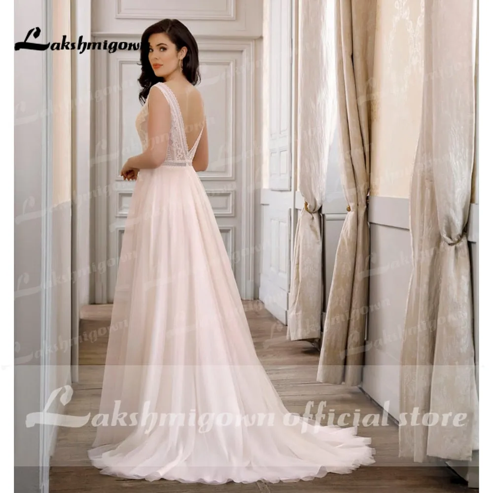 Roycebridal Vestidos De Noiva V Neck Lace Backless Boho A Line Blush Pink Wedding Dress Bridal V Shape Back Elegant vestido para boda playa