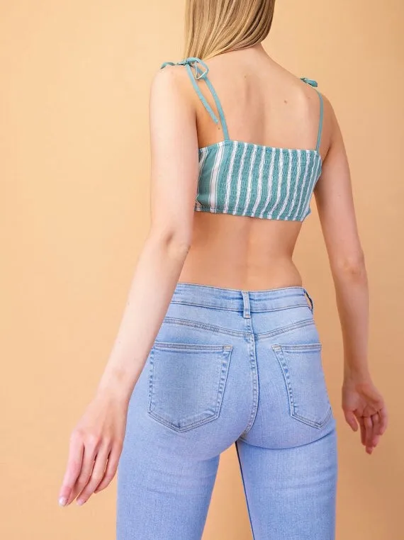 Ruched Front Tie Strap Stripe Crop Top
