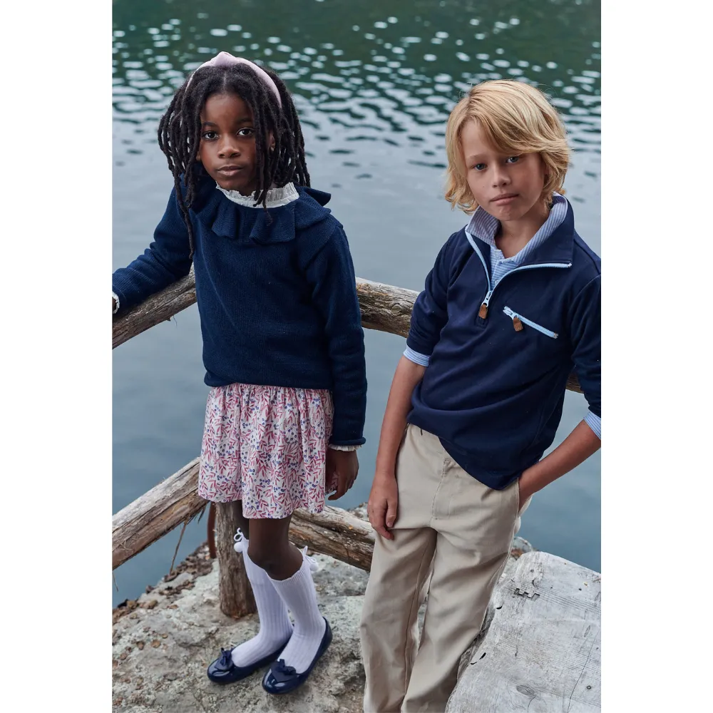 Ruffle Neck Pullover -- Navy