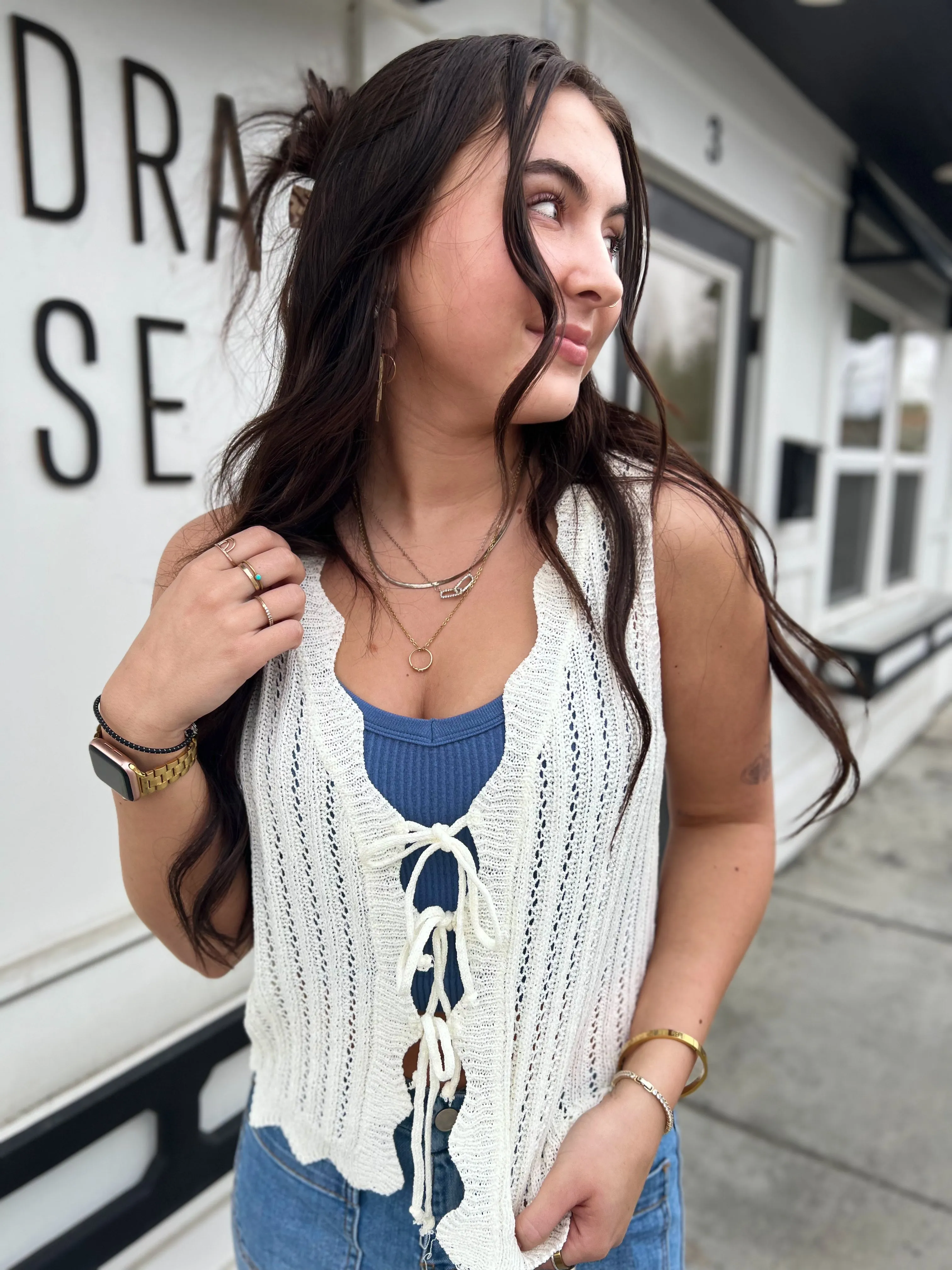 Sadie Scallop Front Tie Knit Vest