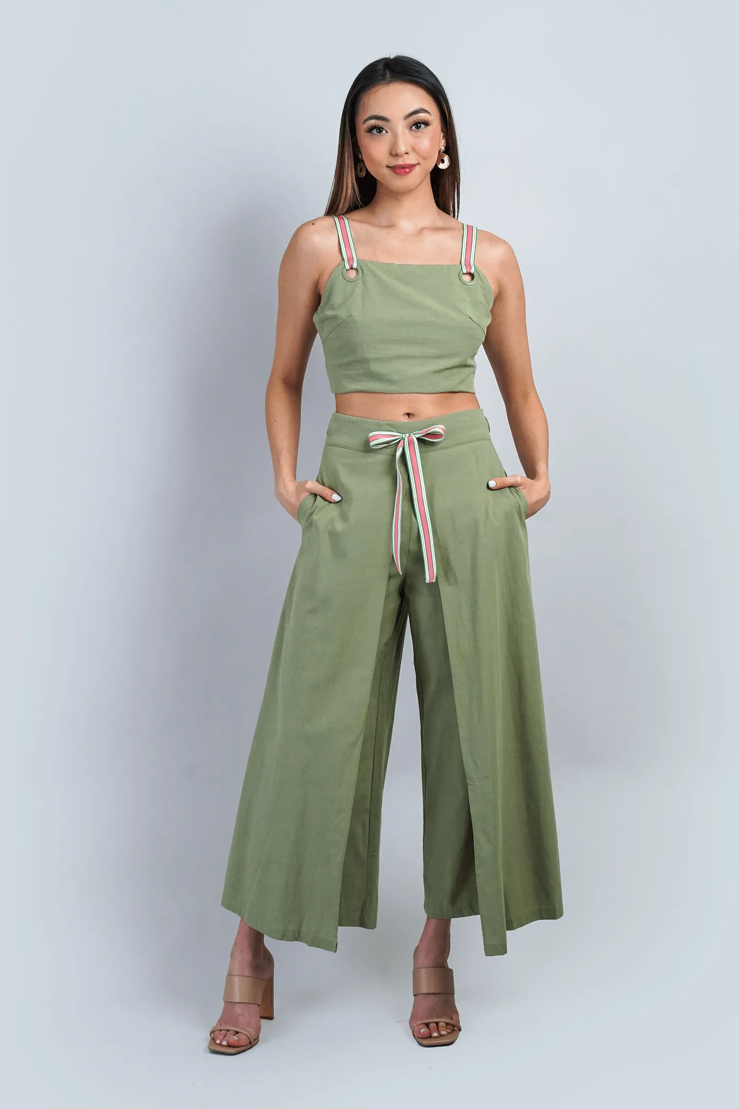 Sage Grommet Ribbons Pants Set