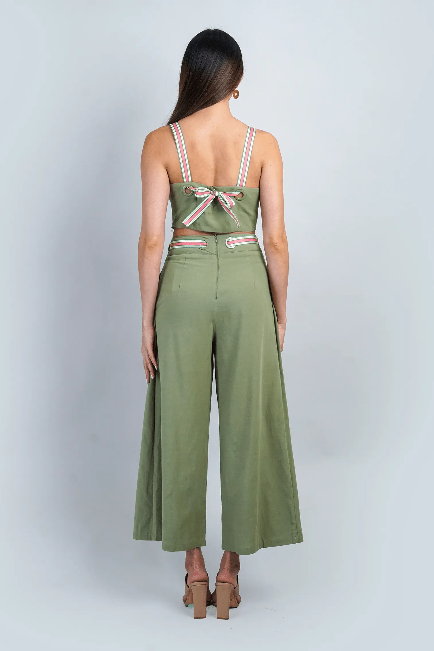 Sage Grommet Ribbons Pants Set