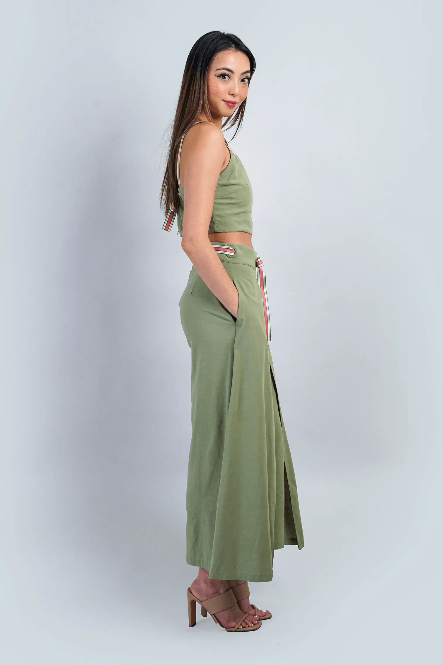 Sage Grommet Ribbons Pants Set