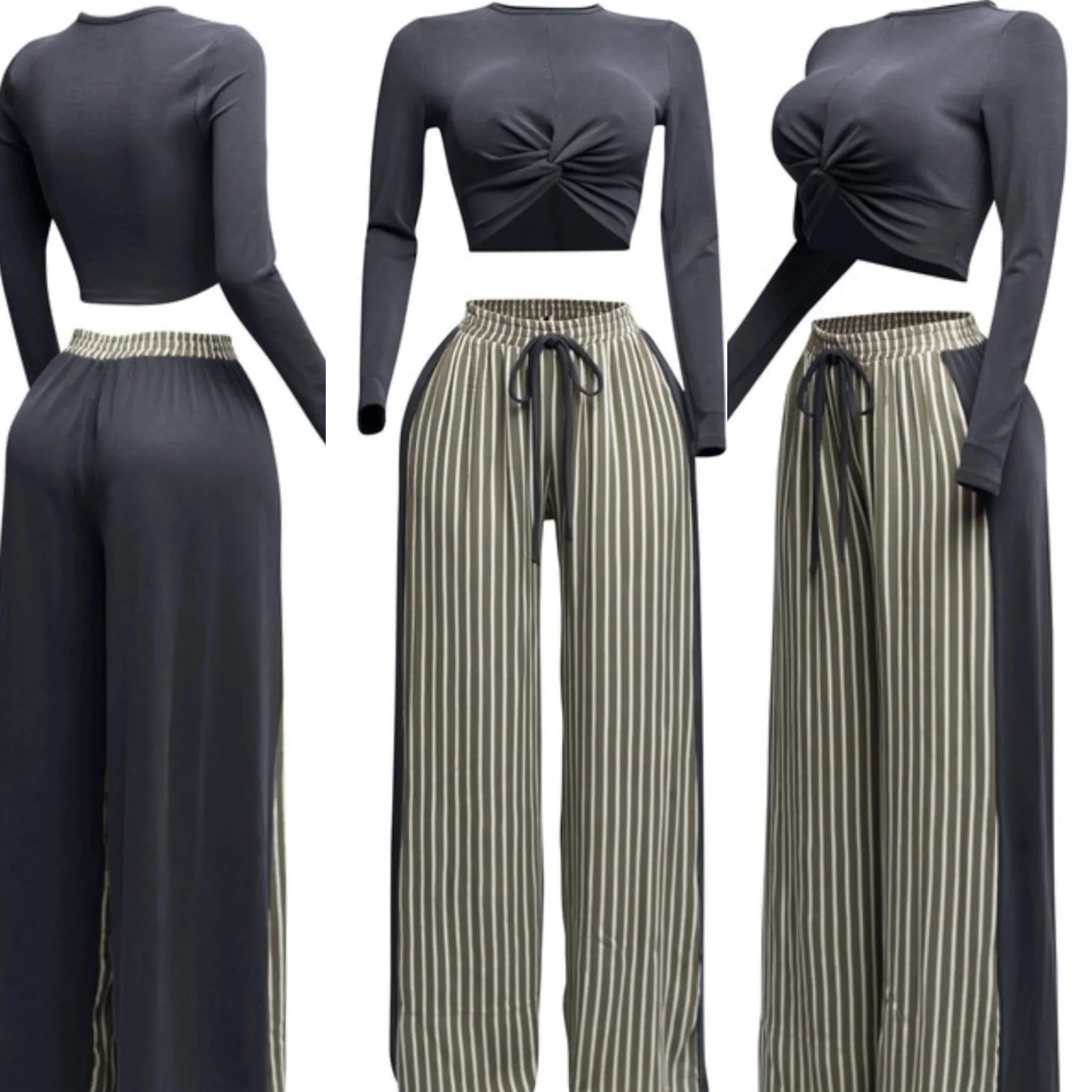SAP2502XP - LS KNOTTED MID TOP&STRIPE LINEN PANTS SET(PLUS)