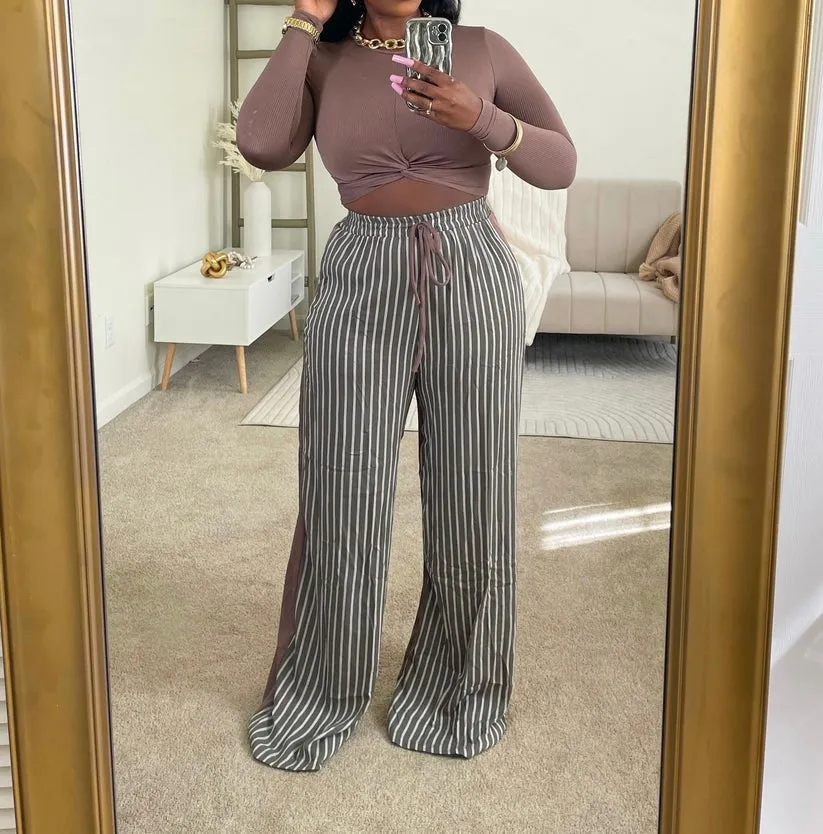 SAP2502XP - LS KNOTTED MID TOP&STRIPE LINEN PANTS SET(PLUS)