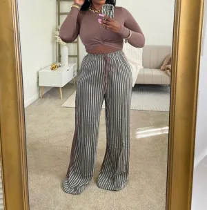 SAP2502XP - LS KNOTTED MID TOP&STRIPE LINEN PANTS SET(PLUS)