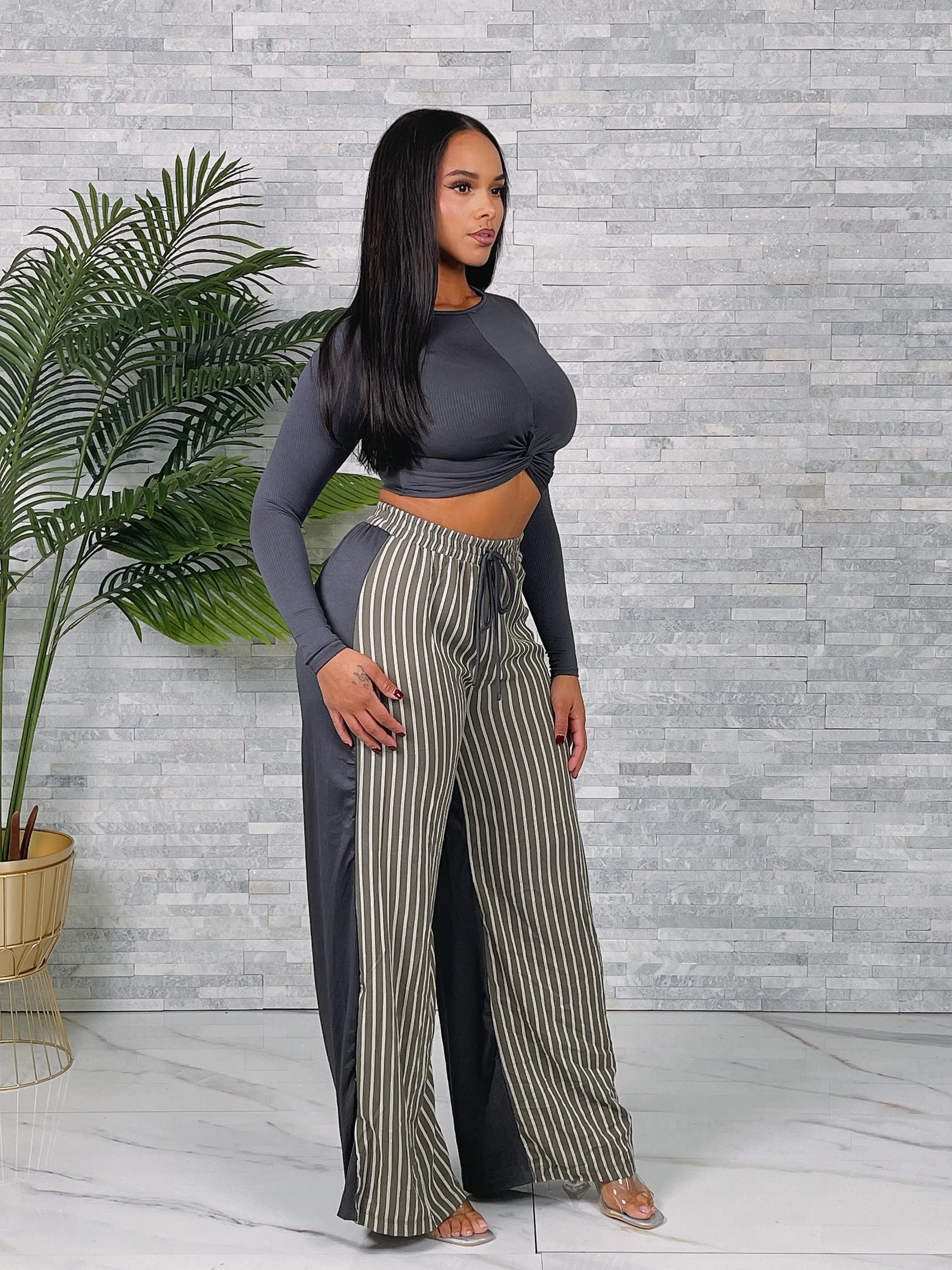 SAP2502XP - LS KNOTTED MID TOP&STRIPE LINEN PANTS SET(PLUS)