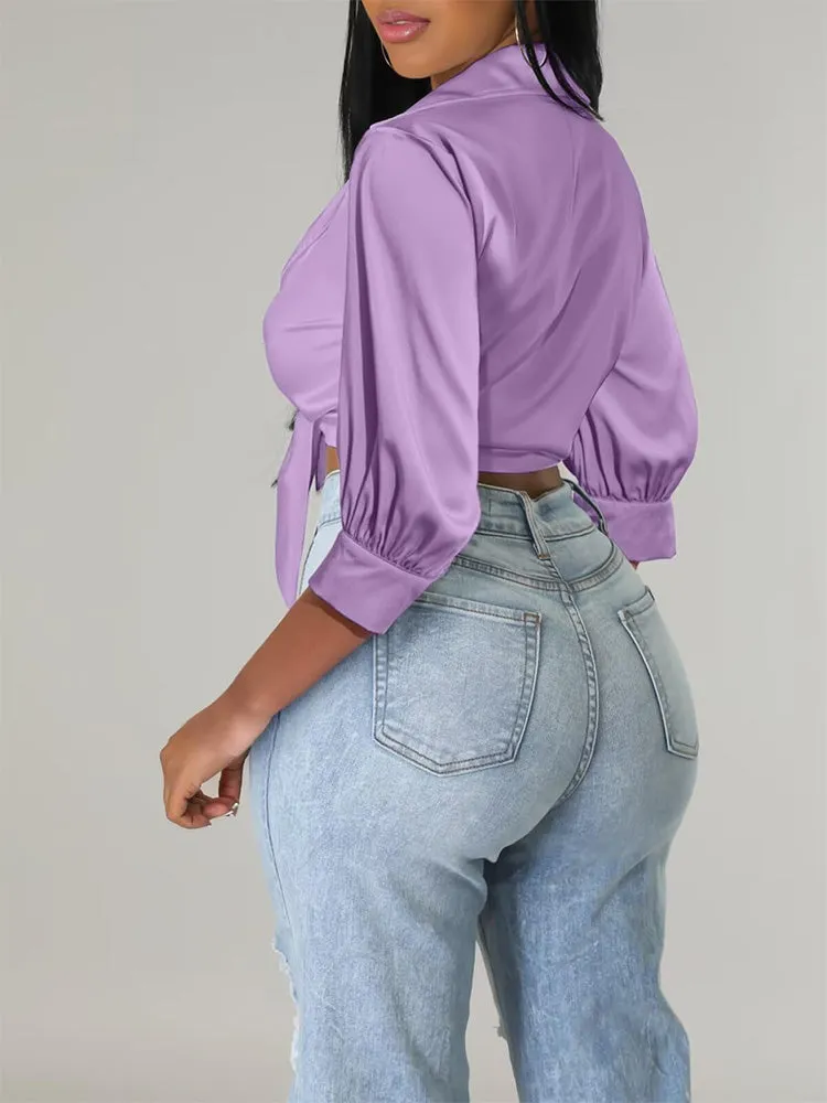 Satin Lapel Tie Front Top