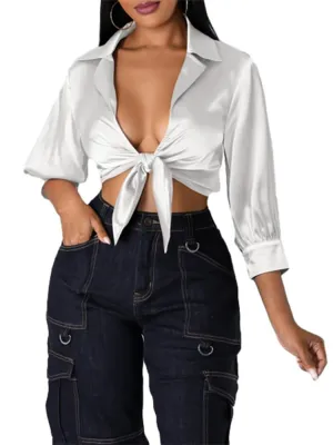 Satin Lapel Tie Front Top