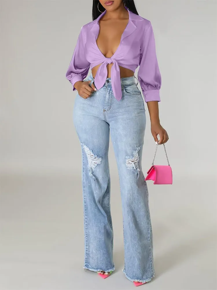 Satin Lapel Tie Front Top
