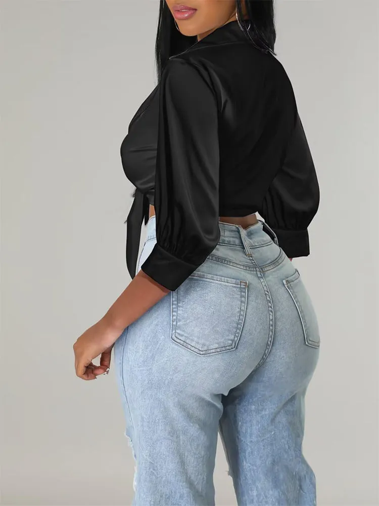 Satin Lapel Tie Front Top