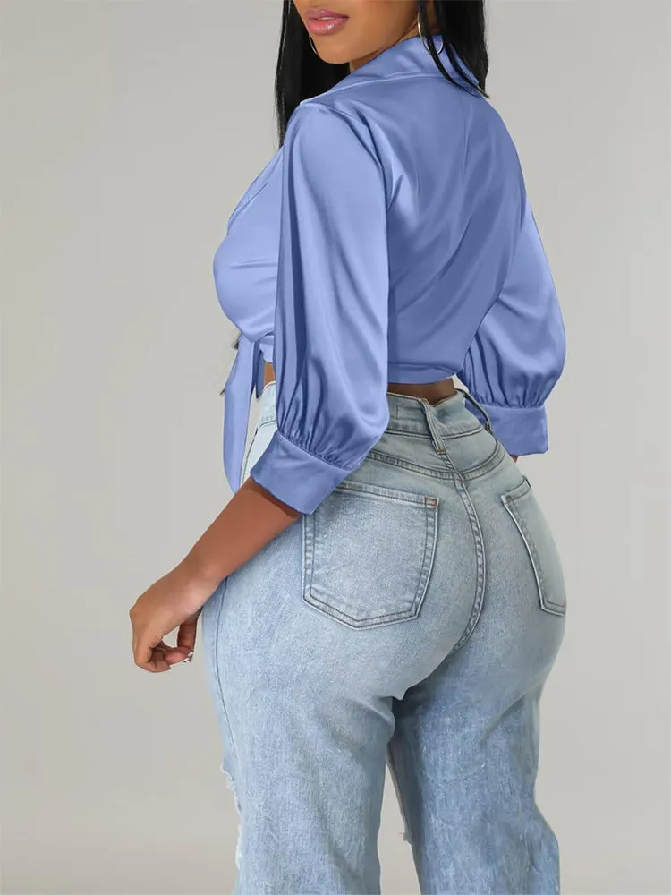 Satin Lapel Tie Front Top